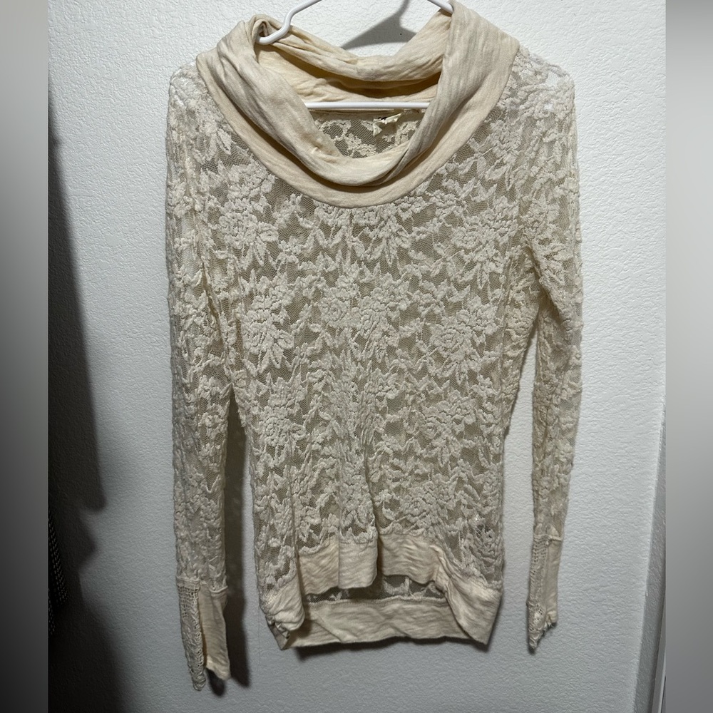 Anthropologie Lilka Cream Long Sleeved Lacy See-Through Mesh Shirt XS